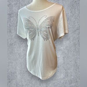 🆕 Butterfly Embellished White S/Sleeve Women’s Tee Sz Lg 🦋